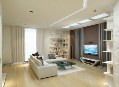 Дизайн просторной гостиной с полом из светлых досок