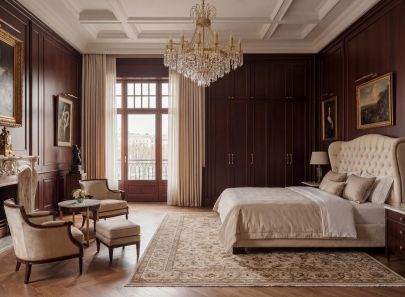 Классическая спальня с мраморным камином, мягкой кроватью и деревянными панелями