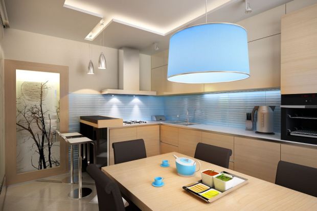 Голубой цвет на кухне в сочетании с коричневым