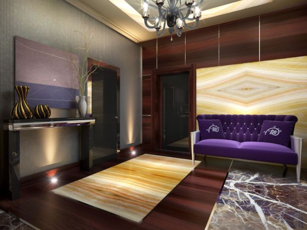 Интерьер с фиолетовым диваном