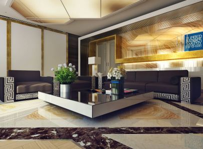 Золотистые декоративные панели и бежевый потолок в дизайне гостиной