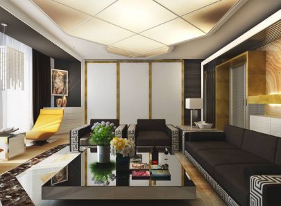 Глянцевый кофейный стол и мягкая мебель черного цвета в дизайне гостиной