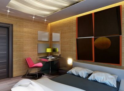 Интерьер спальни с рабочим уголком в стиле модерн