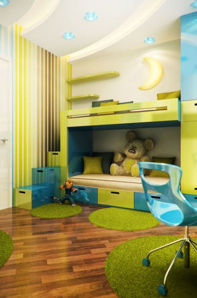 Красочная зелено-голубая мебель в дизайне детской