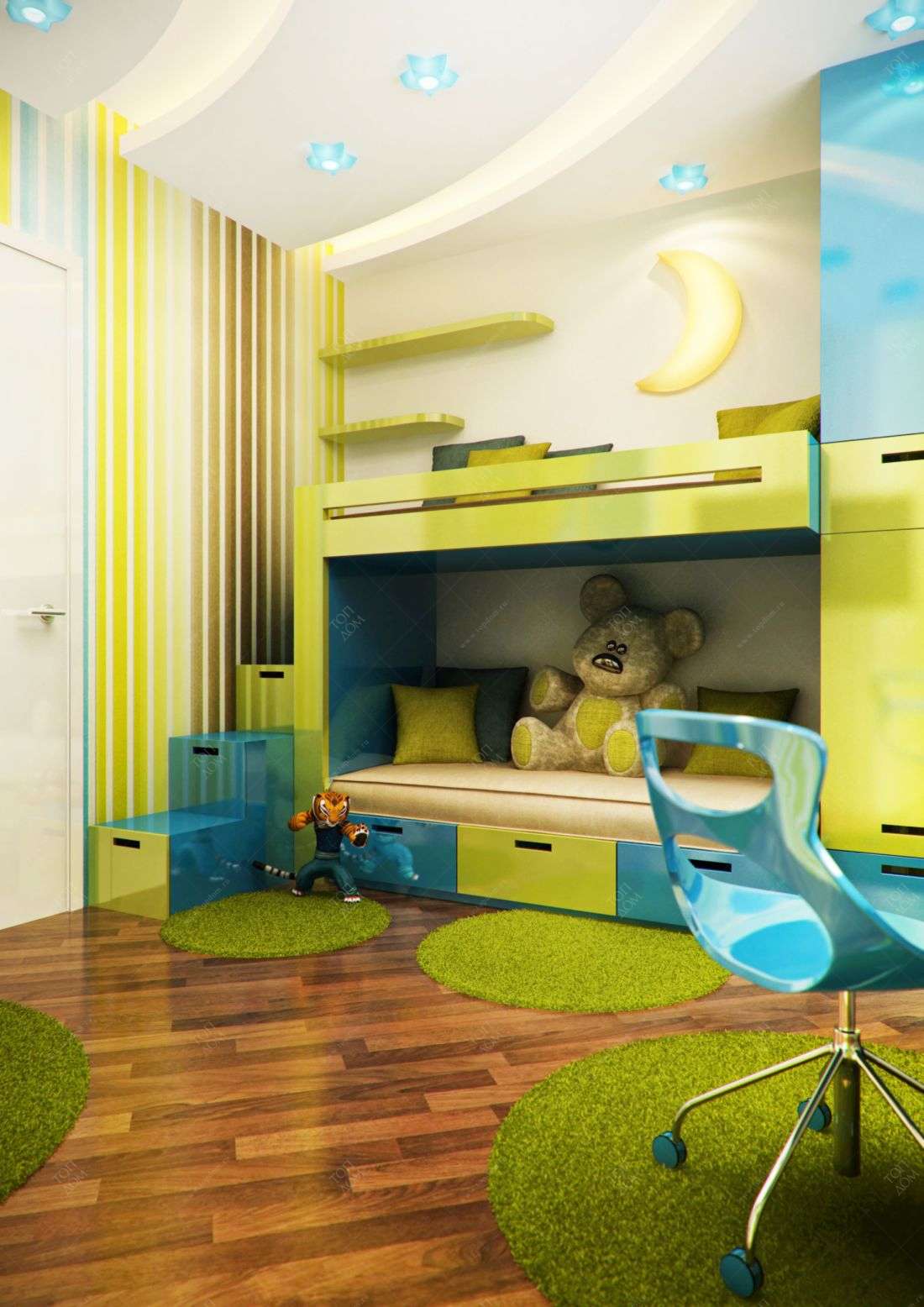Двуспальная зелено-голубая кровать в дизайне детской комнаты