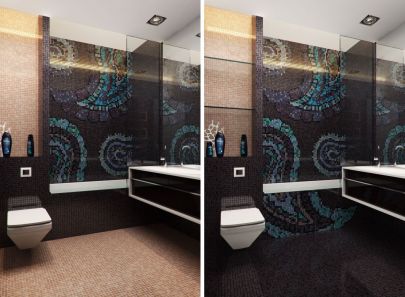 Мелкая мозаика на стенах в оформлении ванной комнаты