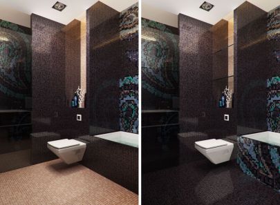 Мелкая мозаика на полу и стенах в оформлении ванной комнаты