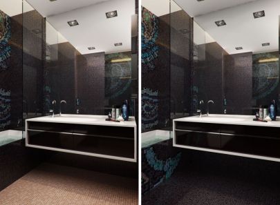 Раковина в черно-белых тонах с большим зеркалом в дизайне ванной