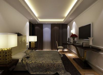 Дизайн стильной спальни с линейной подсветкой и точечными светильниками