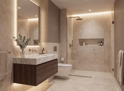 Санузел с подвесной тумбой, душевой зоной, встроенной нишей и отделкой под камень