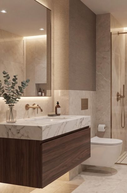 Компактный санузел с каменной раковиной, зеркалом с подсветкой и стеклянной душевой перегородкой