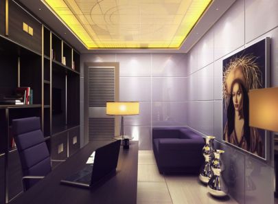 Интерьер кабинета в фиолетовой гамме с желтым потолком с подсветкой
