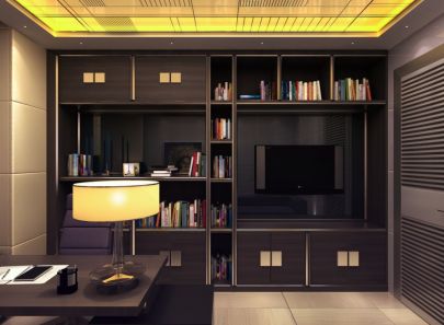 Удобный шкаф для книг с местом для размещения телевизора в дизайне кабинета