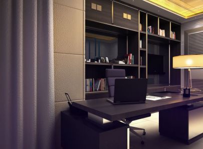 Сочетание мебели черного цвета с серо-золотистыми стенами в дизайне кабинета