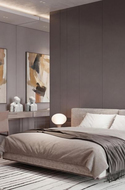 Современная спальня с текстильной кроватью, встроенной мебелью и зоной с туалетным столиком и зеркалом