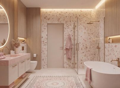 Ванная с душевой, отдельно стоящей ванной и терраццо отделкой