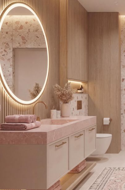 Зона умывальника с подсветкой и встроенной мебелью