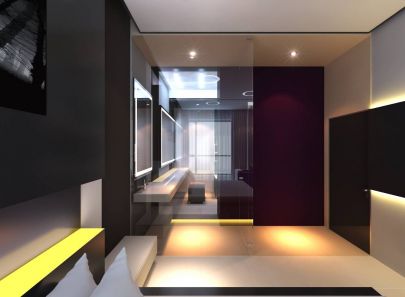 Уютный дизайн спальни в светлых тонах с черными вставками