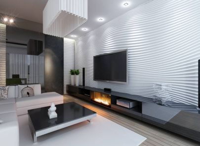Белая декоративная панель с волнистым узором в дизайне светлой гостиной