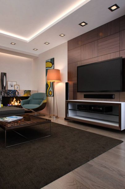 Декоративная деревянная панель под телевизор в интерьере гостиной