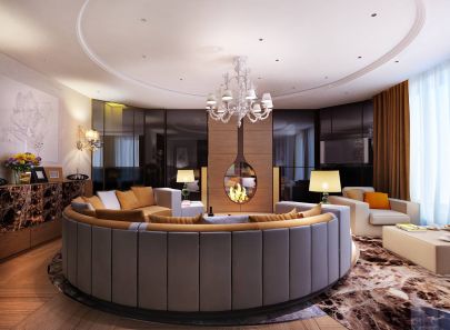 Серый и золотистый тона в дизайне гостиной