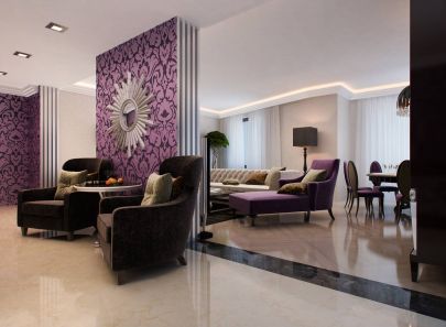 Фото дизайна разноцветной гостиной в коричневом, бежевом и сиреневом цветах