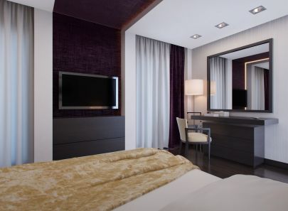 Дизайн спальни с сочетанием цвета венге, белого и фиолетового – фото
