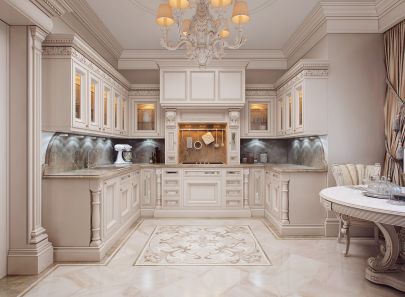 Рельефный резной декор в дизайне белой классической кухни