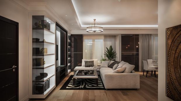 Серый и красный цвета в дизайне гостиной