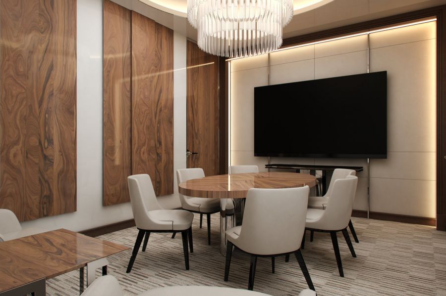 Отделка интерьера переговорной деревом